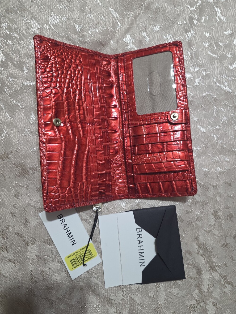 Brahmin Metallic Croc Embossed Red Long Wallet Leather Slim Designer Clutch - Picture 7 of 9